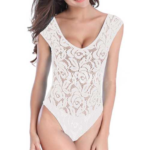 Women Plus Size Sexy See Through Lace High Cut Backless Soild Color One Piece Swimsuit
