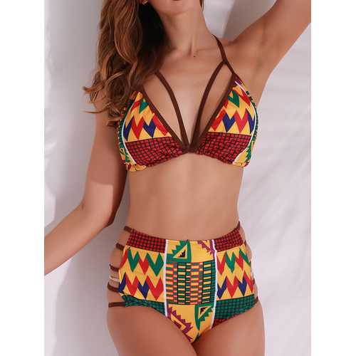 Sexy Stretchy High Rise Halter Geometric Patchwork Bikini Sets Swimsuit For Women