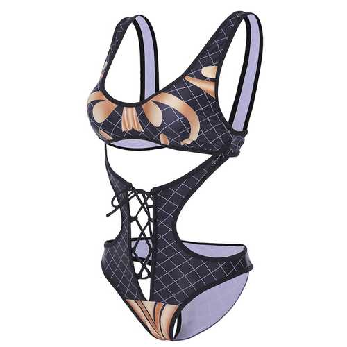 Sexy Hollow Out One Piece Cross Belt Elastic Printed Monokini Swimsuit