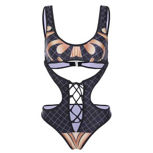 Sexy Hollow Out One Piece Cross Belt Elastic Printed Monokini Swimsuit