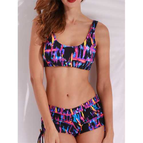 Women Sexy Printed Solid Color Tankinis Pullover Vest Elastic Swimwear Sets