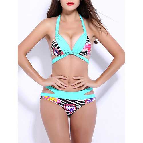 Women Sexy Stripe Printing Push Up Underwire Backless Deep V Hollow Out Bikinis Set