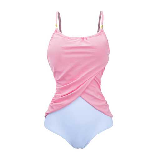 Plus Size Comfort Women Solid Color One-Piece Wire Free Cross Fold Swimsuit