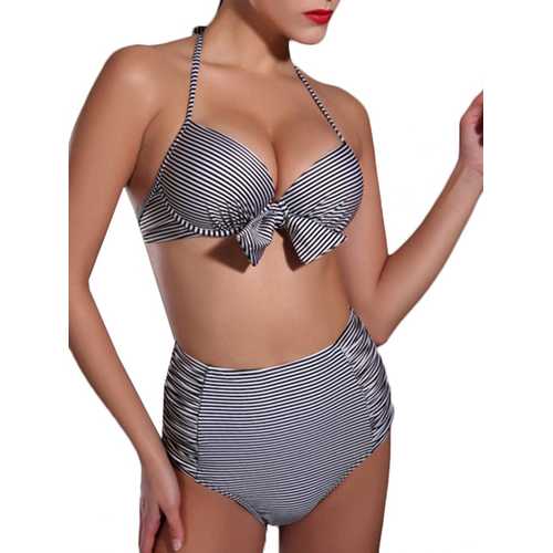 Sexy Halter Navy Style Stripe Underwire Backless Bowknot Elastic Swimwear Bikinis Set