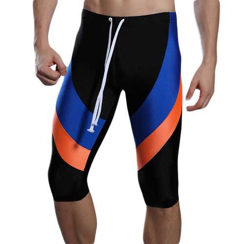 Mens Sports Stitching Color High Elastic Tight Quick Drying Knee Length Trunks Swimming Surf Shorts
