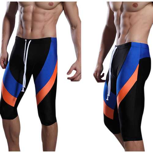 Mens Sports Stitching Color High Elastic Tight Quick Drying Knee Length Trunks Swimming Surf Shorts