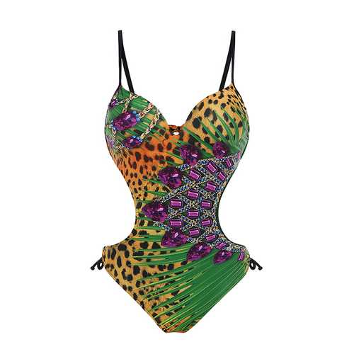 Sexy Paillette Waist Hollow Out Backless Peacock Leopard Printed One Piece Monokini