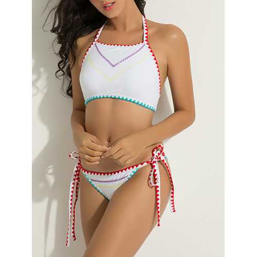 Women Sexy High Neck Halter Bandage Geometry Printed Hollow Out Bikini Set Beachwear