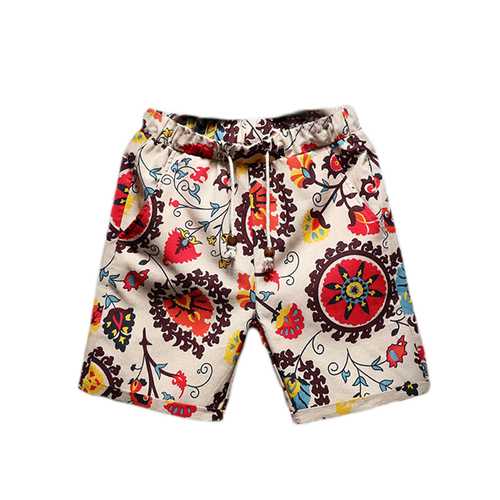 Mens Floral Printing Plus Size Vintage Style Flax Casual Beach Drawstring Loose Shorts