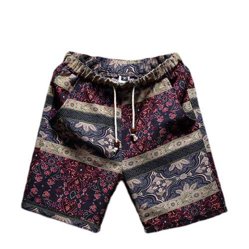 Mens Floral Printing Plus Size Vintage Style Flax Casual Beach Drawstring Loose Shorts