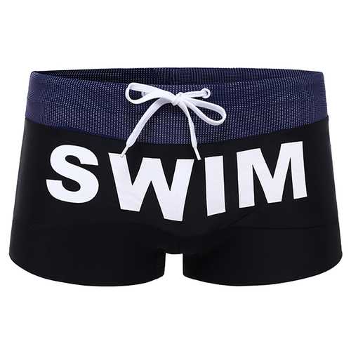 SUPERBODY Sexy Quick Drying Drawstring Letters Printing Low Waist Boxers Swim Trunks for Men