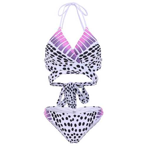 Sexy Halter Polka Dot Printed Fold Panties Plunge Wireless Breathable Bikini Sets