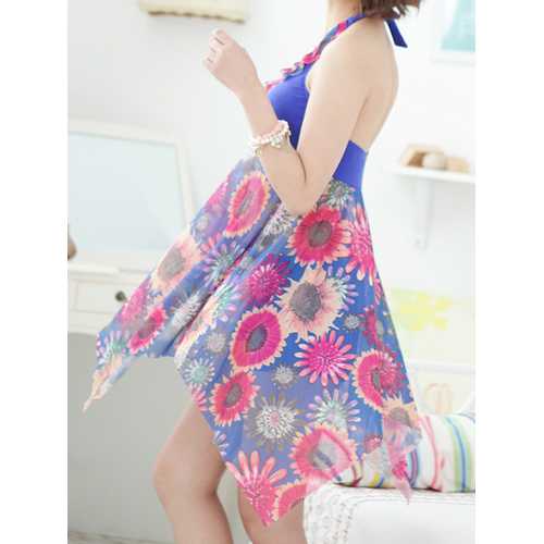 Plus Size  Halter Printed Two Pieces Backless  Swimdress