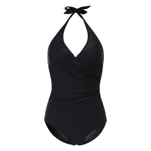 Sexy Backless Halter Close-fitting Solid Swimsuit High Elastic Padded One Piece