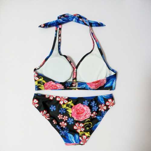 Women Sexy Swimsuit Triangular Tie Hanging Neck Flower Printing Bikini Set