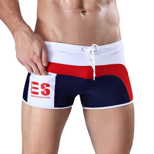 Stitching Printing Front Zipper Pocket Quick Drying Beach Shorts Swim Trunks for Men
