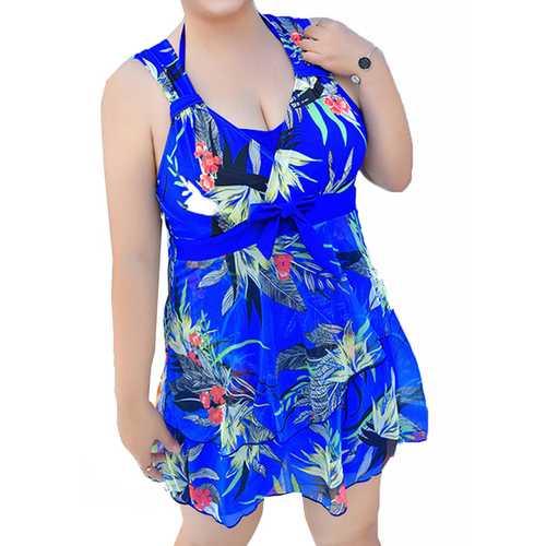 Plus Size Bow Sleeveless Floral Printed Wireless Swimdress