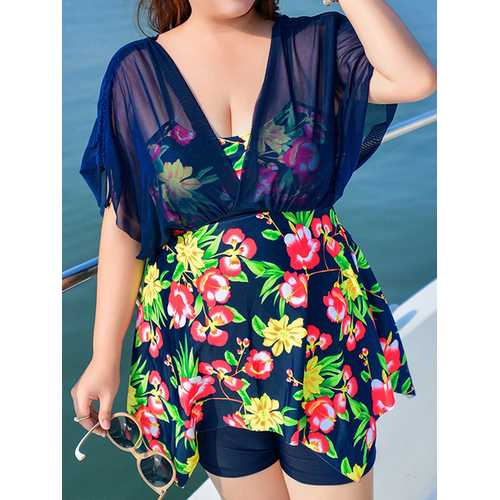 Plus Size Floral Printed Two Pieces Swimdresses