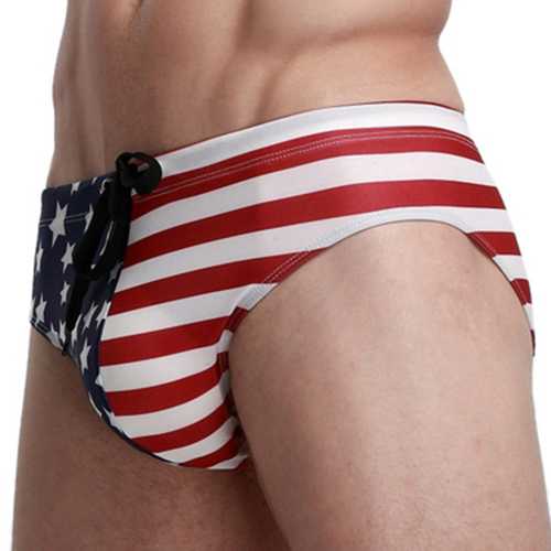 Mens American Flag Printing Beach Sports Briefs Casual Bikini Sexy Low Waist Trunks