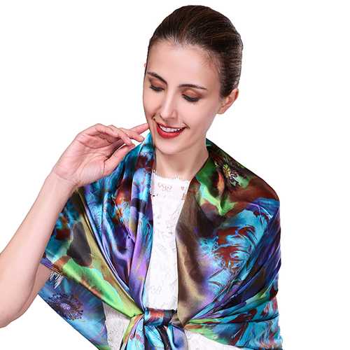 Women Soft Printing Satin Silk Scarves Outdoor Summer Sunscreen Beach Shawl Towel
