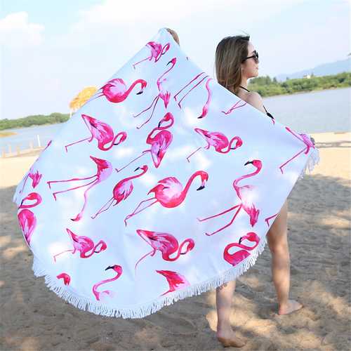 Fashion Flamingo Round Beach Towel With Tassels Microfiber 150cm Picnic Blanket Beach Cover Up