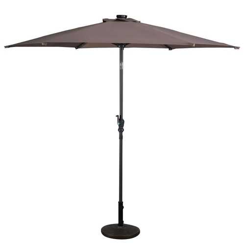 Tan 9-Ft Patio Umbrella with Steel Pole Crank Tilt and Solar LED Lights