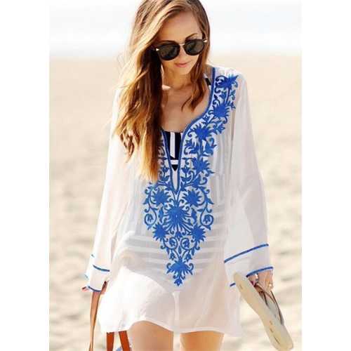 2017 Women's Embroidery Long Sleeve Pompom Beach Cover up Tunic Dress Blue