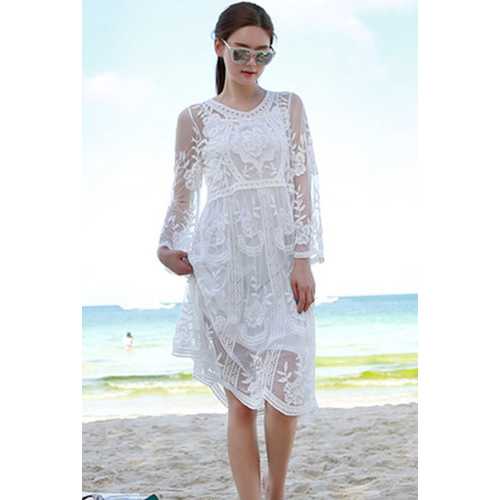 White Lace Translucent Embroider Elegant Dress