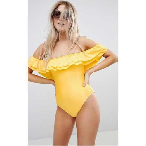 Yellow Off-Shoulder Ruffle One Piece Swimsuits