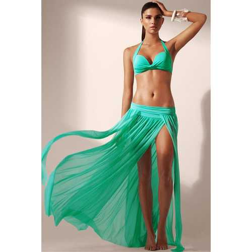 Green Elegant Mesh Maxi Skirt Cool Beachwear