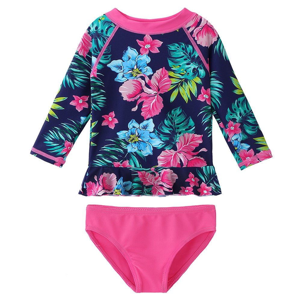BAOHULU Summer Navy Print Girls' Swimsuit Long Sleeve UV (UPF50+) Kids swimwear Rash guards Children Two-Piece Swimming Suits