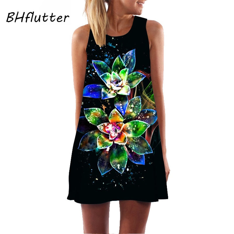 BHflutter 3D Digital Floral Print Dress Women New Arrival Casual Loose Summer Dress 2019 Mini Black Chiffon Party Dress Vestidos