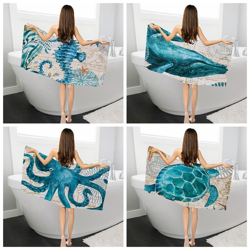 Sea Bohemian Turtle Rectangle Bath Towel Octopus Shark Beach Towel Polyester Travel Compressed Shower Bathroom Towels for Adults