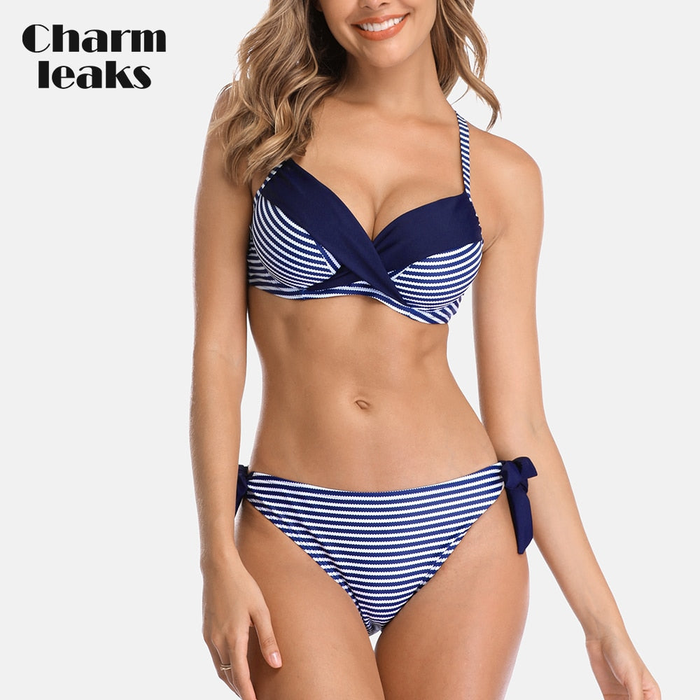 Charmleaks Women Bikini Set Stripe Swimsuit Cross From Swimwear Strappy Bathing Suit Beachwear