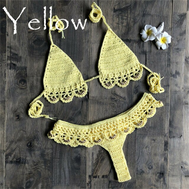 Fashion Women 2pcs Hollow Out Crochet Swimwear Bandage Bra Thong Bikini Set Push-up Padded Bathing Suit Swimsuit Beachwear