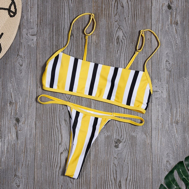 Sexy High Cut Bikini Set Brazilian Swimwear Women Stripe Print Bathing Suit Swimsuit Solid Backless Tube Top Summer Beachwear
