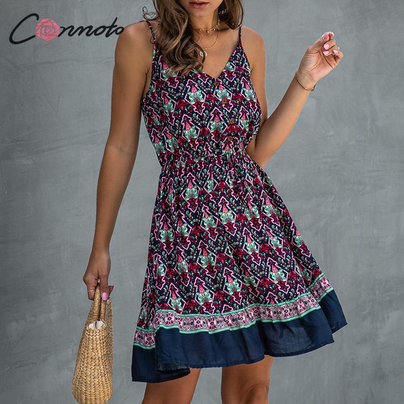 Conmoto spaghetti strap floral beach summer dresses women button bohemian high waist plus size dresses casual dress vestidos