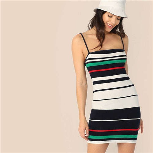 SHEIN Color Block Striped Cami Dress Chic Spaghetti Strap Sleeveless Slip Summer Dress 2019 Slim Fit Bodycon Women Dresses