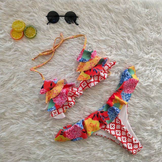 Floral Halter Swimsuit Sexy 2019 Bikinis Women Ruffled Triangle Bikini Swimwear V-neck Bathing Suit Beachwear Backless Biquini
