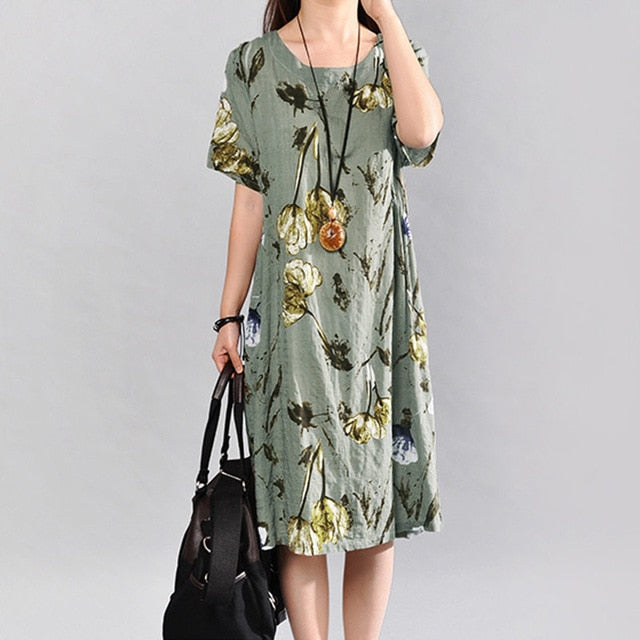 Summer Dress Celmia Women Bohemian Floral Print Linen Sundress Lady Short Sleeve Casual Loose Retro Midi Vestidos Plus Size 5XL