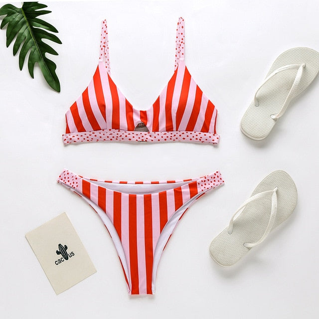 Miyouj Stripe Bikini Push Up Swimsuit Women Hollow Out Biquini 2020 Swimwear Dot Bathing Suits Print Biquinis Thong Bikini Set
