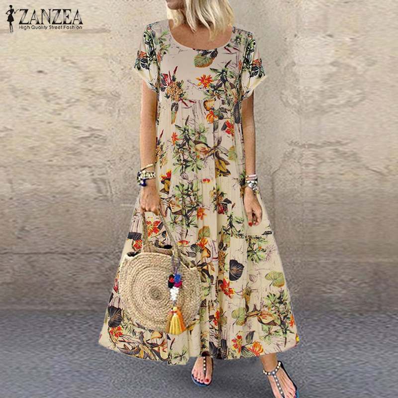 ZANZEA 2020 Summer Dress Women Vintage Floral Printed Short Sleeve Sundress Ladies Bohemian Party Long Vestido Robe Loose Dress