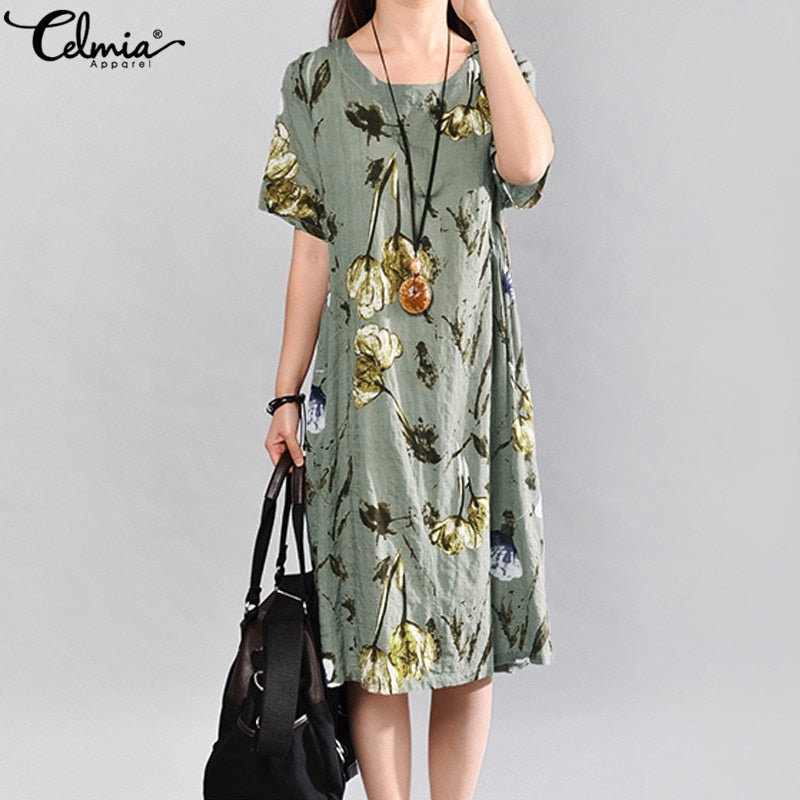 Summer Dress Celmia Women Bohemian Floral Print Linen Sundress Lady Short Sleeve Casual Loose Retro Midi Vestidos Plus Size 5XL
