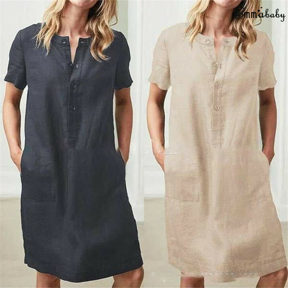 2019 Womens Short Sleeve Button Cotton Linen Ladies Summer Dress Oversize  Loose Casual Breasted Pocket Solid Short Dresses