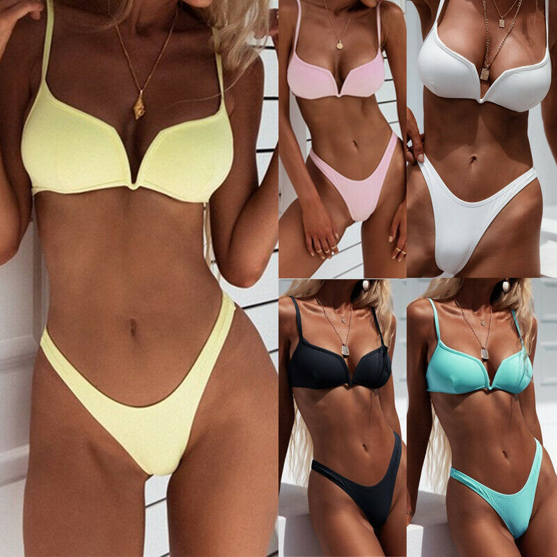 2020 HOT Colorful Deep V Cut Beachwear Summer Women Strappy Bikini Set Two Piece Swimwear Mid Waist Thong V Bottom Beach Set