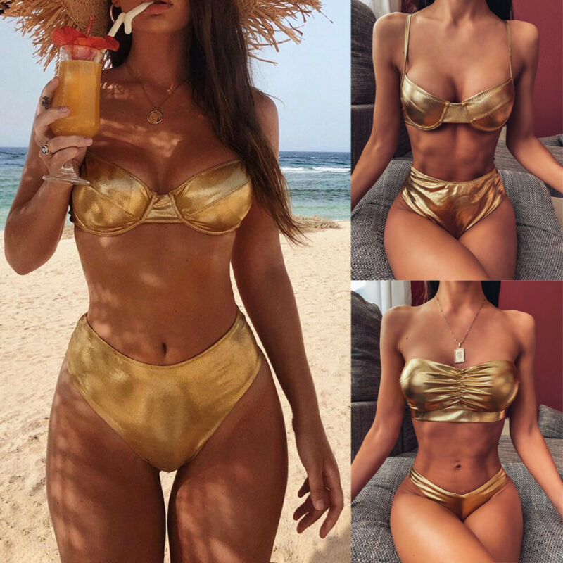 2020 New Women Bikini set Push Up Luxury Gold Wet Look Swimwear Two pieces Push up Swimsuit Female Chic Bathing suit