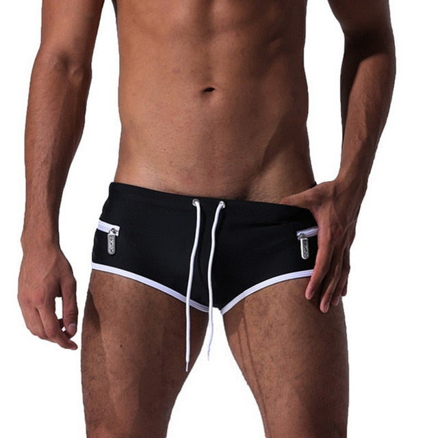 2019 New Summer Swimwear Zipper Pockets Beach Board Shorts Mens Briefs Sport Shorts Low Waist Male Swimwear Sexy Shorts Trunks
