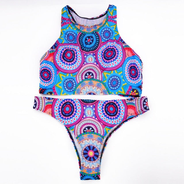 #Z45 2020 Women's Bohemian Flower Swimsuit Summer Polyester Bikini Set Low Waist Wire Free Swimwear Print Blue Swimsuit