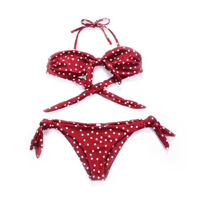 Women Bikini Set Vintage Dot Push-up Padded Bandage Bikini Set Swimsuit Swimwear Black Red Bathing Suits Beachwear