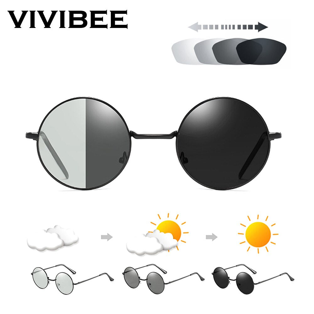 VIVIBEE Round Men Photochromic Gun Frame Photochromic Sunglasses 2020 Chameleon Driving Women Chromatism Sun Glasses Eyeglasses